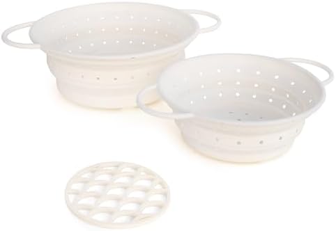 2 Collapsible Silicone Colanders with Durable Trivet Mat for Efficient Kitchen Use