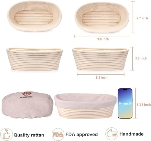 HOMEDISIAC Banneton Bread Proofing Basket Set for 2 10-Inch Oval