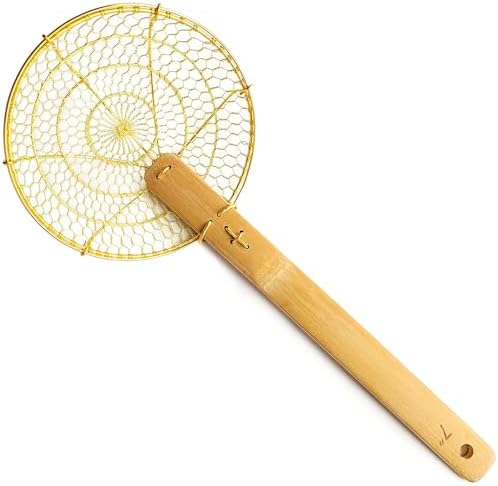7 Round Brass Spider Strainer with Bamboo Handle