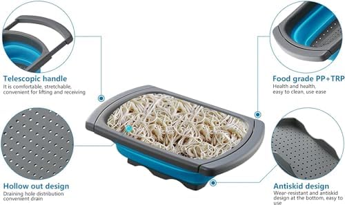 Hanoxe Collapsible Kitchen Colander with Extendable Handles Heat-Resistant Space-Saving Large Capacity