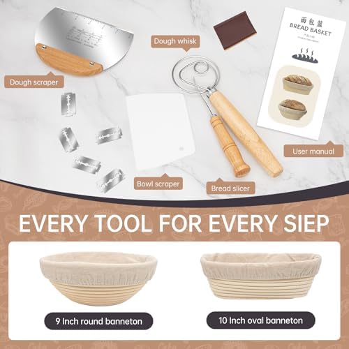 PerfectSourdough Bread Proofing Basket with Danish Whisk Linens 9 Round 10 Oval Design