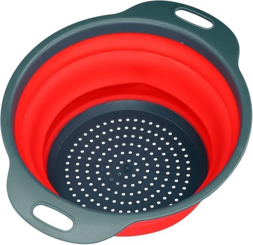 VIP Home Essentials Collapsible Silicone Colander Strainer - Round - Red and Gray