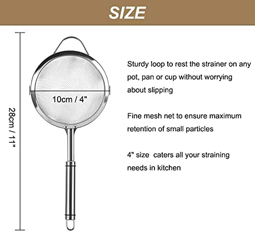 Sturdy 4-Inch 188 SS Fine Mesh Food Strainer with Silver Handle