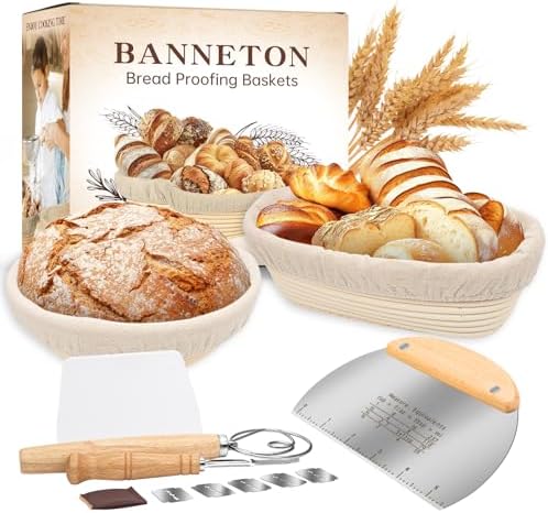 PerfectSourdough Bread Proofing Basket with Danish Whisk Linens 9 Round 10 Oval Design