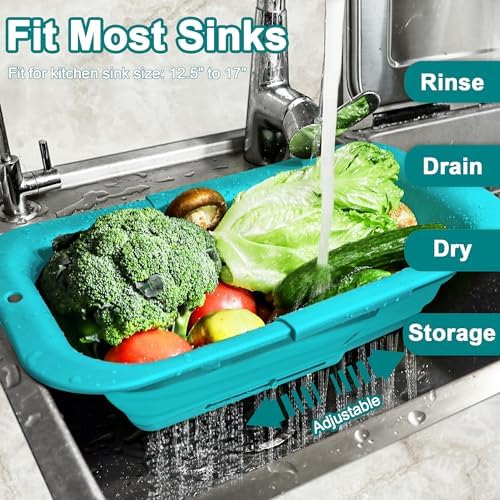 Collapsible Kitchen Sink Strainer 7Qt Blue Expandable Rottogoon Space-Saving Design