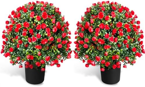 Tall Artificial Rose Topiary Set of 2 UV Resistant Potted Plants