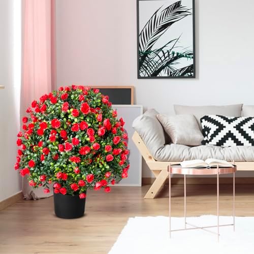 Tall Artificial Rose Topiary Set of 2 UV Resistant Potted Plants
