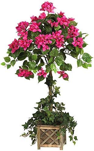 34in Nearly Natural Artificial Bougainvillea Topiary with Wooden Planter