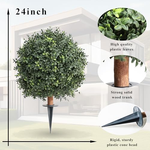 MomO-plant Two H24 UV-Rated Boxwood Cone Artificial Cypress Topiary Soil Insert
