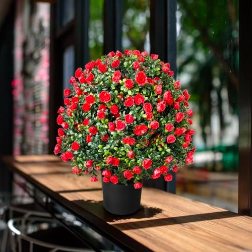 Tall Artificial Rose Topiary Set of 2 UV Resistant Potted Plants