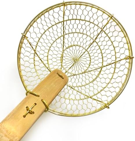 7 Round Brass Spider Strainer with Bamboo Handle