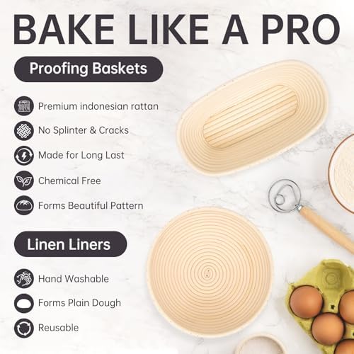PerfectSourdough Bread Proofing Basket with Danish Whisk Linens 9 Round 10 Oval Design