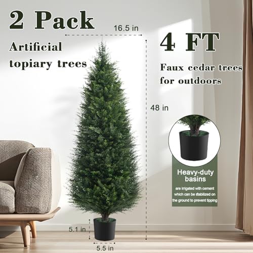 Two 4ft Artificial Cedar Trees Topiary for Outdoor Use