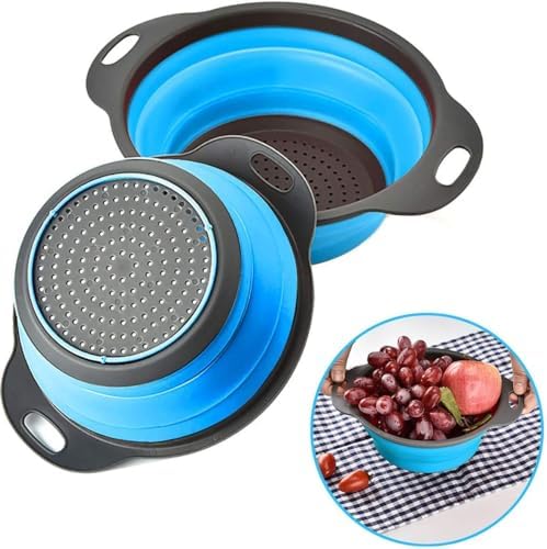 Collapsible Colander Set - Space-Saving Kitchen Strainers Blue