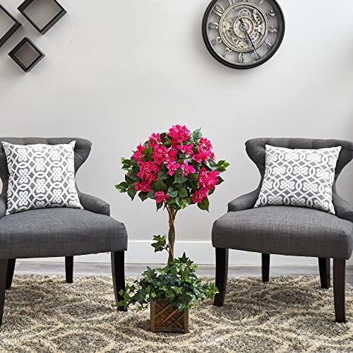 34in Nearly Natural Artificial Bougainvillea Topiary with Wooden Planter