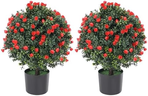 EAPMIC Artificial Rose Boxwood Topiary Set of 2 Fake Potted Plants